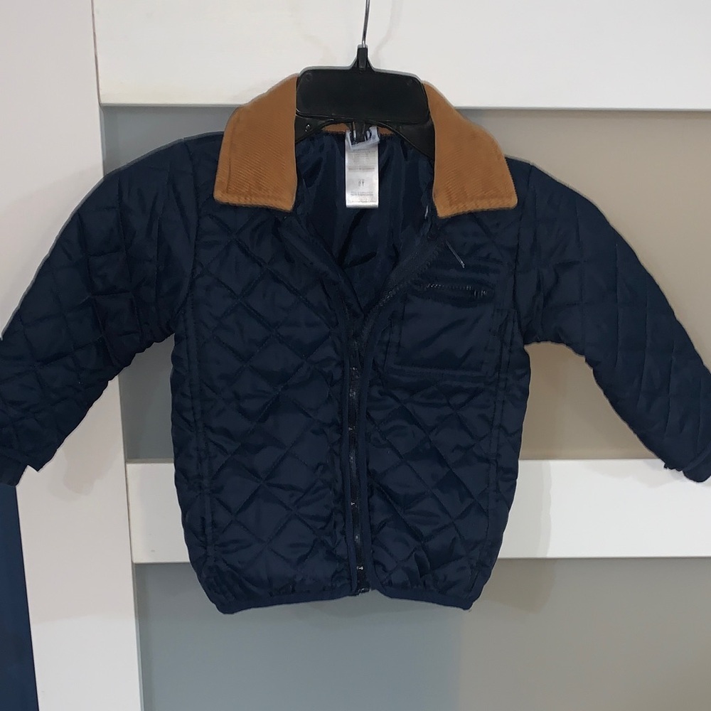 Navy Quilted Kids Jacket with Brown Collar